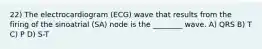 22) The electrocardiogram (ECG) wave that results from the firing of the sinoatrial (SA) node is the ________ wave. A) QRS B) T C) P D) S-T