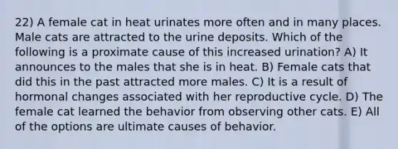 22) A female cat in heat urinates more often and in many places. Male cats are attracted to the urine deposits. Which of the following is a proximate cause of this increased urination? A) It announces to the males that she is in heat. B) Female cats that did this in the past attracted more males. C) It is a result of hormonal changes associated with her reproductive cycle. D) The female cat learned the behavior from observing other cats. E) All of the options are ultimate causes of behavior.