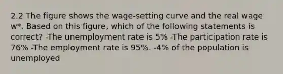 2.2 The figure shows the wage-setting curve and the real wage w*. Based on this figure, which of the following statements is correct? -The unemployment rate is 5% -The participation rate is 76% -The employment rate is 95%. -4% of the population is unemployed