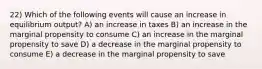 22) Which of the following events will cause an increase in equilibrium output? A) an increase in taxes B) an increase in the marginal propensity to consume C) an increase in the marginal propensity to save D) a decrease in the marginal propensity to consume E) a decrease in the marginal propensity to save