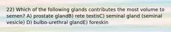 22) Which of the following glands contributes the most volume to semen? A) prostate glandB) rete testisC) seminal gland (seminal vesicle) D) bulbo-urethral glandE) foreskin