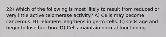 22) Which of the following is most likely to result from reduced or very little active telomerase activity? A) Cells may become cancerous. B) Telomere lengthens in germ cells. C) Cells age and begin to lose function. D) Cells maintain normal functioning.