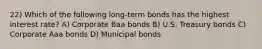 22) Which of the following long-term bonds has the highest interest rate? A) Corporate Baa bonds B) U.S. Treasury bonds C) Corporate Aaa bonds D) Municipal bonds