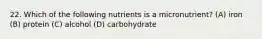 22. Which of the following nutrients is a micronutrient? (A) iron (B) protein (C) alcohol (D) carbohydrate