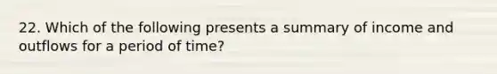 22. Which of the following presents a summary of income and outflows for a period of time?