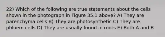 22) Which of the following are true statements about the cells shown in the photograph in Figure 35.1 above? A) They are parenchyma cells B) They are photosynthetic C) They are phloem cells D) They are usually found in roots E) Both A and B