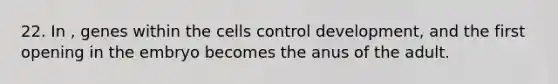 22. In , genes within the cells control development, and the first opening in the embryo becomes the anus of the adult.