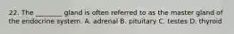 22. The ________ gland is often referred to as the master gland of the endocrine system. A. adrenal B. pituitary C. testes D. thyroid