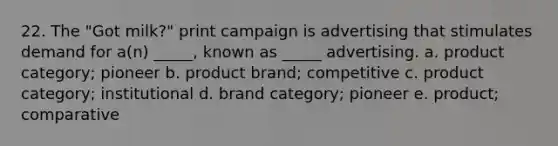 22. The "Got milk?" print campaign is advertising that stimulates demand for a(n) _____, known as _____ advertising. a. product category; pioneer b. product brand; competitive c. product category; institutional d. brand category; pioneer e. product; comparative