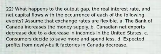 22) What happens to the output gap, the real interest rate, and net capital flows with the occurrence of each of the following events? Assume that exchange rates are flexible. a. The Bank of Canada increases the money supply. b. Canadian net exports decrease due to a decrease in incomes in the United States. c. Consumers decide to save more and spend less. d. Expected profits from newly-built factories in Canada decrease.