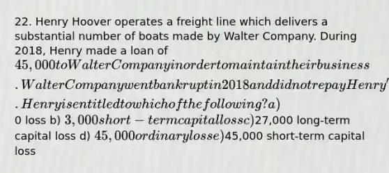 22. Henry Hoover operates a freight line which delivers a substantial number of boats made by Walter Company. During 2018, Henry made a loan of 45,000 to Walter Company in order to maintain their business. Walter Company went bankrupt in 2018 and did not repay Henry's loan. Henry is entitled to which of the following? a)0 loss b) 3,000 short-term capital loss c)27,000 long-term capital loss d) 45,000 ordinary loss e)45,000 short-term capital loss