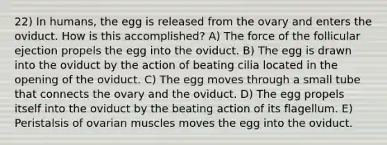 22) In humans, the egg is released from the ovary and enters the oviduct. How is this accomplished? A) The force of the follicular ejection propels the egg into the oviduct. B) The egg is drawn into the oviduct by the action of beating cilia located in the opening of the oviduct. C) The egg moves through a small tube that connects the ovary and the oviduct. D) The egg propels itself into the oviduct by the beating action of its flagellum. E) Peristalsis of ovarian muscles moves the egg into the oviduct.