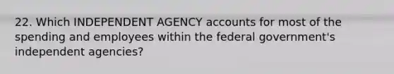 22. Which INDEPENDENT AGENCY accounts for most of the spending and employees within the federal government's independent agencies?