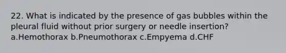 22. What is indicated by the presence of gas bubbles within the pleural fluid without prior surgery or needle insertion? a.Hemothorax b.Pneumothorax c.Empyema d.CHF