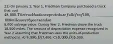 22) On January 1, Year 1, Friedman Company purchased a truck that cost 48,000. The truck had an expected useful life of 100,000 miles over 8 years and an8,000 salvage value. During Year 2, Friedman drove the truck 18,500 miles. The amount of depreciation expense recognized in Year 2 assuming that Friedman uses the units-of-production method is: A) 8,880. B)7,400. C) 6,000. D)5,000.