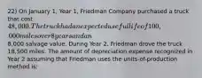 22) On January 1, Year 1, Friedman Company purchased a truck that cost 48,000. The truck had an expected useful life of 100,000 miles over 8 years and an8,000 salvage value. During Year 2, Friedman drove the truck 18,500 miles. The amount of depreciation expense recognized in Year 2 assuming that Friedman uses the units-of-production method is: