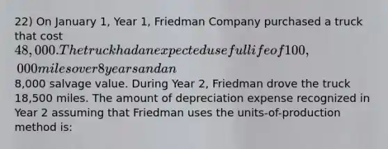 22) On January 1, Year 1, Friedman Company purchased a truck that cost 48,000. The truck had an expected useful life of 100,000 miles over 8 years and an8,000 salvage value. During Year 2, Friedman drove the truck 18,500 miles. The amount of depreciation expense recognized in Year 2 assuming that Friedman uses the units-of-production method is: