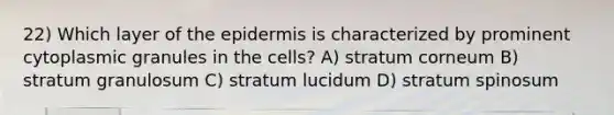 22) Which layer of the epidermis is characterized by prominent cytoplasmic granules in the cells? A) stratum corneum B) stratum granulosum C) stratum lucidum D) stratum spinosum