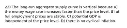 22) The long-run aggregate supply curve is vertical because A) the money wage rate increases faster than the price level. B) at full employment prices are stable. C) potential GDP is independent of the price level. D) there is no cyclical inflation.