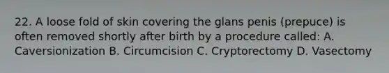 22. A loose fold of skin covering the glans penis (prepuce) is often removed shortly after birth by a procedure called: A. Caversionization B. Circumcision C. Cryptorectomy D. Vasectomy