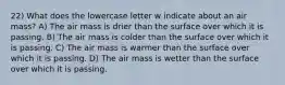 22) What does the lowercase letter w indicate about an air mass? A) The air mass is drier than the surface over which it is passing. B) The air mass is colder than the surface over which it is passing. C) The air mass is warmer than the surface over which it is passing. D) The air mass is wetter than the surface over which it is passing.