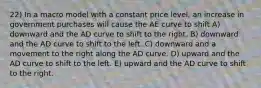 22) In a macro model with a constant price level, an increase in government purchases will cause the AE curve to shift A) downward and the AD curve to shift to the right. B) downward and the AD curve to shift to the left. C) downward and a movement to the right along the AD curve. D) upward and the AD curve to shift to the left. E) upward and the AD curve to shift to the right.