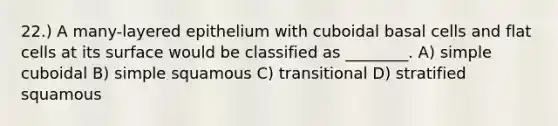 22.) A many-layered epithelium with cuboidal basal cells and flat cells at its surface would be classified as ________. A) simple cuboidal B) simple squamous C) transitional D) stratified squamous