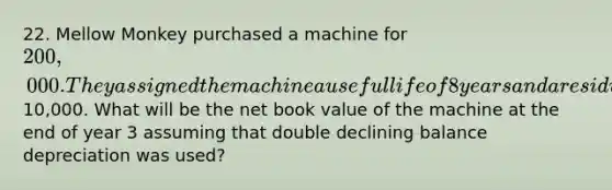 22. Mellow Monkey purchased a machine for 200,000. They assigned the machine a useful life of 8 years and a residual value of10,000. What will be the net book value of the machine at the end of year 3 assuming that double declining balance depreciation was used?