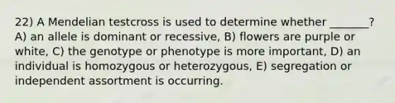 22) A Mendelian testcross is used to determine whether _______? A) an allele is dominant or recessive, B) flowers are purple or white, C) the genotype or phenotype is more important, D) an individual is homozygous or heterozygous, E) segregation or independent assortment is occurring.