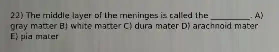 22) The middle layer of the meninges is called the __________. A) gray matter B) white matter C) dura mater D) arachnoid mater E) pia mater