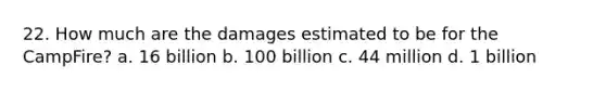 22. How much are the damages estimated to be for the CampFire? a. 16 billion b. 100 billion c. 44 million d. 1 billion