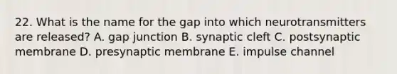 22. What is the name for the gap into which neurotransmitters are released? A. gap junction B. synaptic cleft C. postsynaptic membrane D. presynaptic membrane E. impulse channel