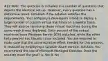 #22 Note: The question is included in a number of questions that depicts the identical set-up. However, every question has a distinctive result. Establish if the solution satisfies the requirements. Your company's developers intend to deploy a large number of custom virtual machines on a weekly basis. They will also be removing these virtual machines during the same week it was deployed. Sixty percent of the virtual machines have Windows Server 2016 installed, while the other forty percent has Ubuntu Linux installed. You are required to make sure that the administrative effort, needed for this process, is reduced by employing a suitable Azure service. Solution: You recommend the use of Microsoft Managed Desktop. Does the solution meet the goal? A. Yes B. No