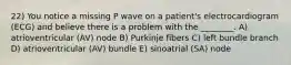 22) You notice a missing P wave on a patient's electrocardiogram (ECG) and believe there is a problem with the ________. A) atrioventricular (AV) node B) Purkinje fibers C) left bundle branch D) atrioventricular (AV) bundle E) sinoatrial (SA) node