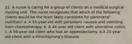 22. A nurse is caring for a group of clients on a medical-surgical nursing unit. The nurse recognizes that which of the following clients would be the least likely candidate for parenteral nutrition? a. A 55-year-old with persistent nausea and vomiting from chemotherapy. b. A 44-year old client with ulcerative colitis. c. A 59-year old client who had an appendectomy. d.A 25-year old client with a Hirschsprung's Disease.