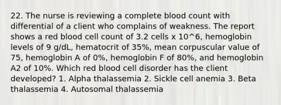 22. The nurse is reviewing a complete blood count with differential of a client who complains of weakness. The report shows a red blood cell count of 3.2 cells x 10^6, hemoglobin levels of 9 g/dL, hematocrit of 35%, mean corpuscular value of 75, hemoglobin A of 0%, hemoglobin F of 80%, and hemoglobin A2 of 10%. Which red blood cell disorder has the client developed? 1. Alpha thalassemia 2. Sickle cell anemia 3. Beta thalassemia 4. Autosomal thalassemia