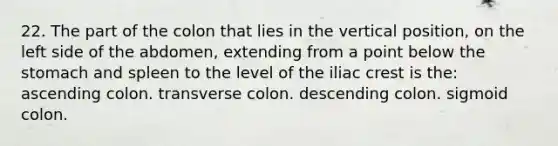 22. The part of the colon that lies in the vertical position, on the left side of the abdomen, extending from a point below the stomach and spleen to the level of the iliac crest is the: ascending colon. transverse colon. descending colon. sigmoid colon.