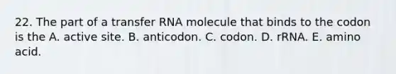 22. The part of a <a href='https://www.questionai.com/knowledge/kYREgpZMtc-transfer-rna' class='anchor-knowledge'>transfer rna</a> molecule that binds to the codon is the A. active site. B. anticodon. C. codon. D. rRNA. E. amino acid.