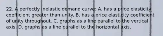 22. A perfectly inelastic demand curve: A. has a price elasticity coefficient greater than unity. B. has a price elasticity coefficient of unity throughout. C. graphs as a line parallel to the vertical axis. D. graphs as a line parallel to the horizontal axis.