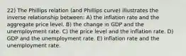 22) The Phillips relation (and Phillips curve) illustrates the inverse relationship between: A) the inflation rate and the aggregate price level. B) the change in GDP and the unemployment rate. C) the price level and the inflation rate. D) GDP and the unemployment rate. E) inflation rate and the unemployment rate.