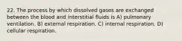 22. The process by which dissolved gases are exchanged between the blood and interstitial fluids is A) pulmonary ventilation. B) external respiration. C) internal respiration. D) cellular respiration.