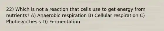 22) Which is not a reaction that cells use to get energy from nutrients? A) Anaerobic respiration B) <a href='https://www.questionai.com/knowledge/k1IqNYBAJw-cellular-respiration' class='anchor-knowledge'>cellular respiration</a> C) Photosynthesis D) Fermentation