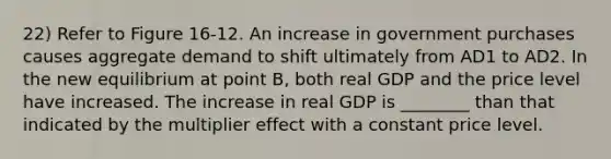 22) Refer to Figure 16-12. An increase in government purchases causes aggregate demand to shift ultimately from AD1 to AD2. In the new equilibrium at point B, both real GDP and the price level have increased. The increase in real GDP is ________ than that indicated by the multiplier effect with a constant price level.