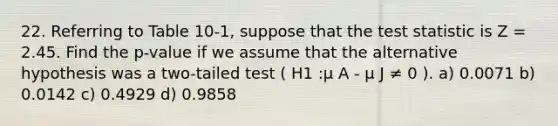 22. Referring to Table 10-1, suppose that <a href='https://www.questionai.com/knowledge/kzeQt8hpQB-the-test-statistic' class='anchor-knowledge'>the test statistic</a> is Z = 2.45. Find the p-value if we assume that the alternative hypothesis was a two-tailed test ( H1 :µ A - µ J ≠ 0 ). a) 0.0071 b) 0.0142 c) 0.4929 d) 0.9858