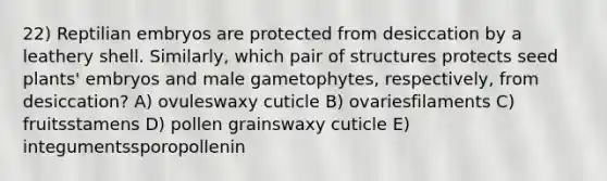 22) Reptilian embryos are protected from desiccation by a leathery shell. Similarly, which pair of structures protects seed plants' embryos and male gametophytes, respectively, from desiccation? A) ovuleswaxy cuticle B) ovariesfilaments C) fruitsstamens D) pollen grainswaxy cuticle E) integumentssporopollenin