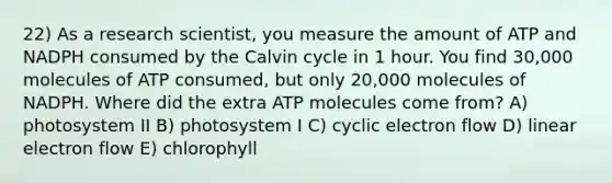 22) As a research scientist, you measure the amount of ATP and NADPH consumed by the Calvin cycle in 1 hour. You find 30,000 molecules of ATP consumed, but only 20,000 molecules of NADPH. Where did the extra ATP molecules come from? A) photosystem II B) photosystem I C) cyclic electron flow D) linear electron flow E) chlorophyll