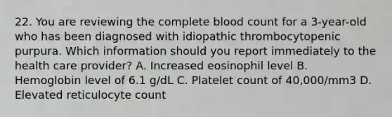 22. You are reviewing the complete blood count for a 3-year-old who has been diagnosed with idiopathic thrombocytopenic purpura. Which information should you report immediately to the health care provider? A. Increased eosinophil level B. Hemoglobin level of 6.1 g/dL C. Platelet count of 40,000/mm3 D. Elevated reticulocyte count