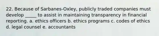 22. Because of Sarbanes-Oxley, publicly traded companies must develop _____ to assist in maintaining transparency in financial reporting. a. ethics officers b. ethics programs c. codes of ethics d. legal counsel e. accountants