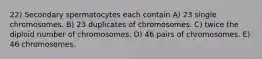 22) Secondary spermatocytes each contain A) 23 single chromosomes. B) 23 duplicates of chromosomes. C) twice the diploid number of chromosomes. D) 46 pairs of chromosomes. E) 46 chromosomes.