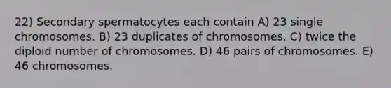 22) Secondary spermatocytes each contain A) 23 single chromosomes. B) 23 duplicates of chromosomes. C) twice the diploid number of chromosomes. D) 46 pairs of chromosomes. E) 46 chromosomes.